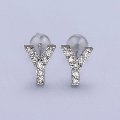 White Gold Filled Tiny Initial Letter Diamond CZ Silver Stud Earrings | AD-120-AD-145