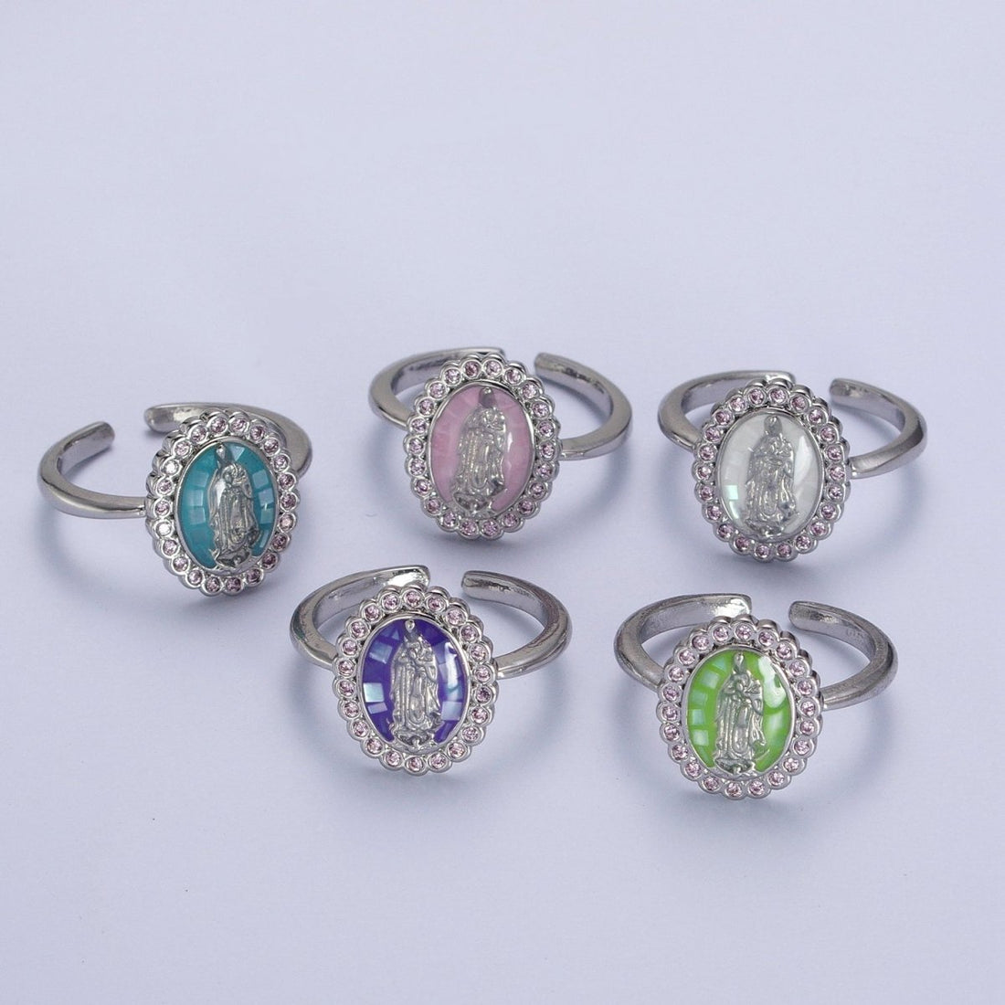 White Gold Filled Virgin Mother Mary White, Green,  Pink, Blue, Purple Shell Opal Silver Ring | O-205~O-209