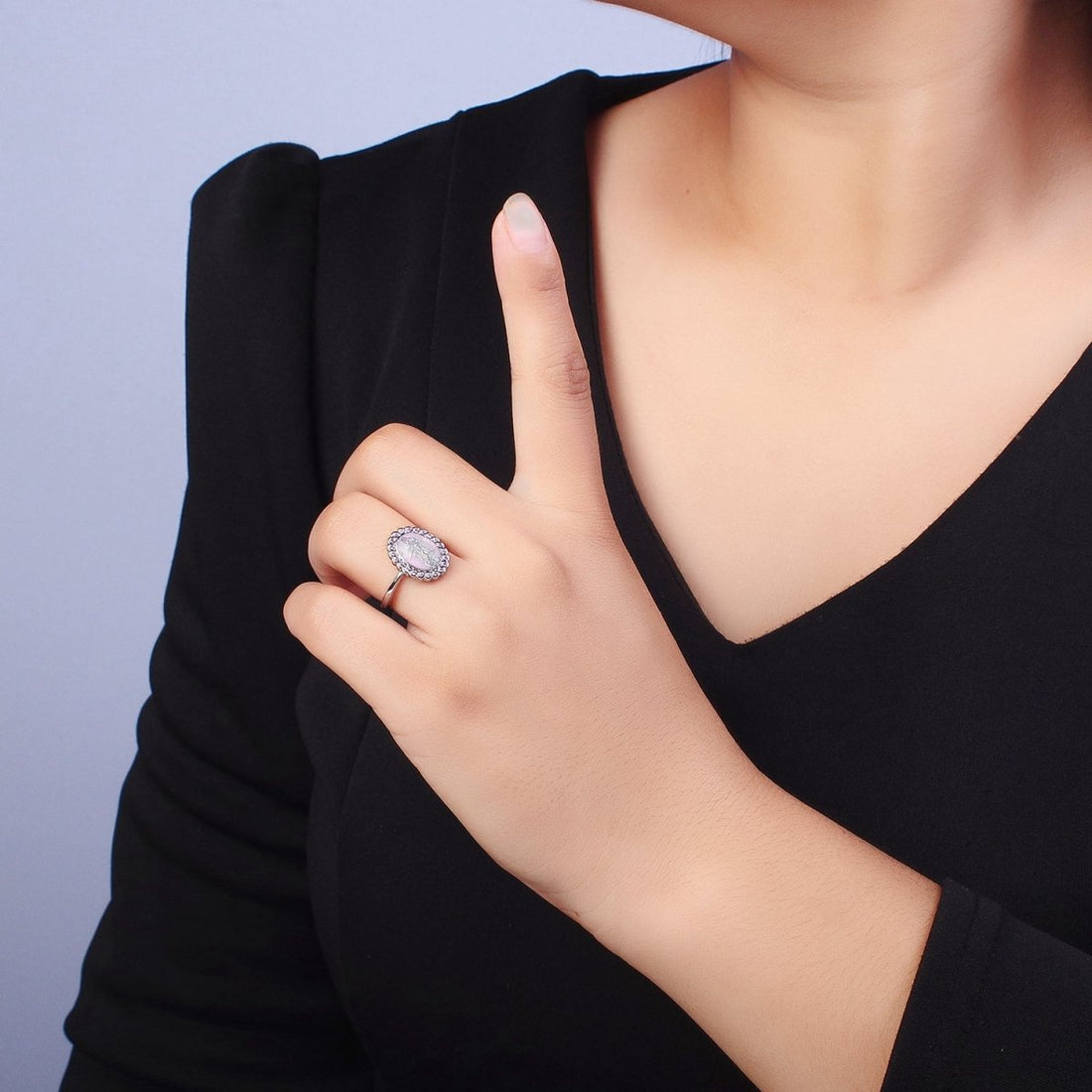 White Gold Filled Virgin Mother Mary White, Green,  Pink, Blue, Purple Shell Opal Silver Ring | O-205~O-209