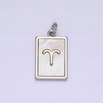 White Gold Filled Zodiac Sign Shell Pearl Rectangular Tag Charm | A-A1259-A-A1270