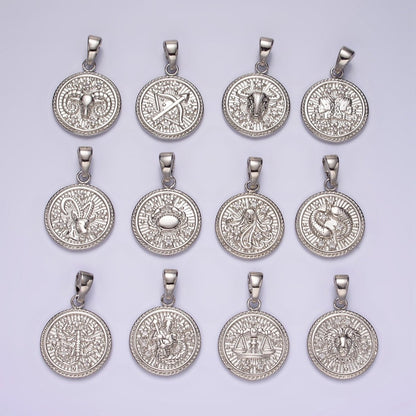 White Gold Filled Zodiac Sign Star CZ Medallion Personalized Pendant | A-A1701-A-A1706
