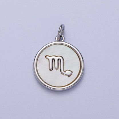 White Gold Filled Zodiac Signs Shell Pearl Round Coin Astrology Horoscope Silver Charm | A-A1731-A-A1736