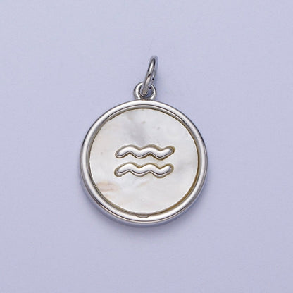 White Gold Filled Zodiac Signs Shell Pearl Round Coin Astrology Horoscope Silver Charm | A-A1731-A-A1736