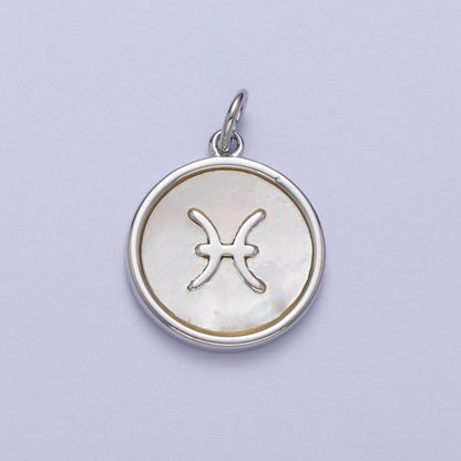 White Gold Filled Zodiac Signs Shell Pearl Round Coin Astrology Horoscope Silver Charm | A-A1731-A-A1736