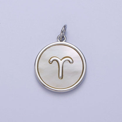 White Gold Filled Zodiac Signs Shell Pearl Round Coin Astrology Horoscope Silver Charm | A-A1731-A-A1736