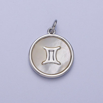 White Gold Filled Zodiac Signs Shell Pearl Round Coin Astrology Horoscope Silver Charm | A-A1731-A-A1736
