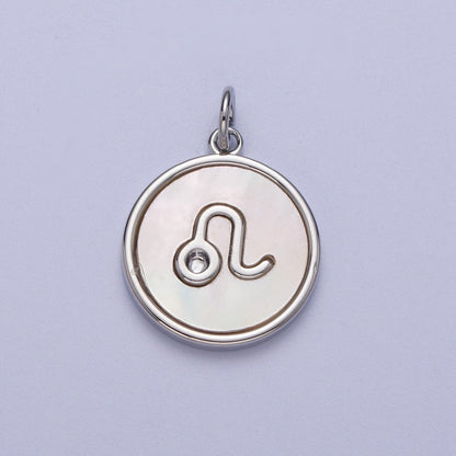 White Gold Filled Zodiac Signs Shell Pearl Round Coin Astrology Horoscope Silver Charm | A-A1731-A-A1736