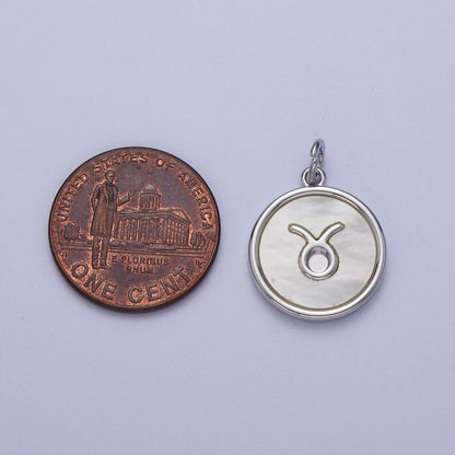 White Gold Filled Zodiac Signs Shell Pearl Round Coin Astrology Horoscope Silver Charm | A-A1731-A-A1736