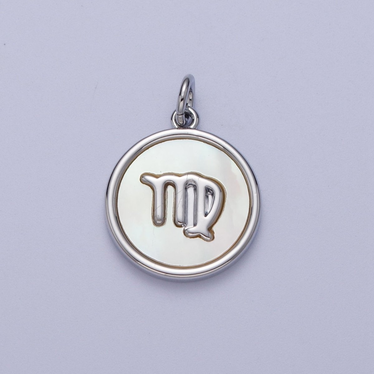 White Gold Filled Zodiac Signs Shell Pearl Round Coin Astrology Horoscope Silver Charm | A-A1731-A-A1736