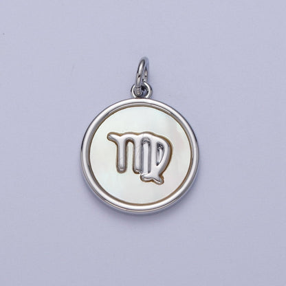 White Gold Filled Zodiac Signs Shell Pearl Round Coin Astrology Horoscope Silver Charm | A-A1731-A-A1736