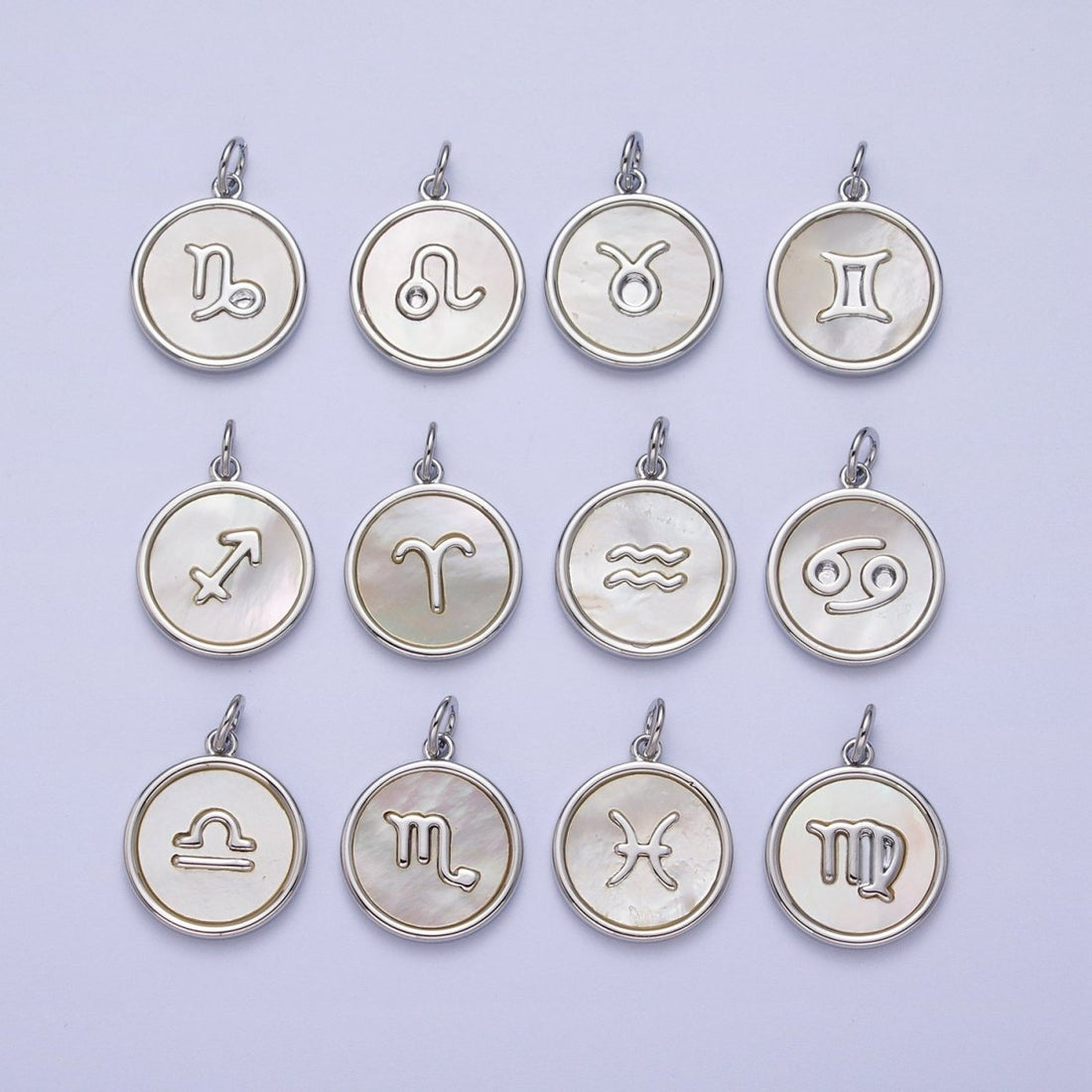 White Gold Filled Zodiac Signs Shell Pearl Round Coin Astrology Horoscope Silver Charm | A-A1731-A-A1736