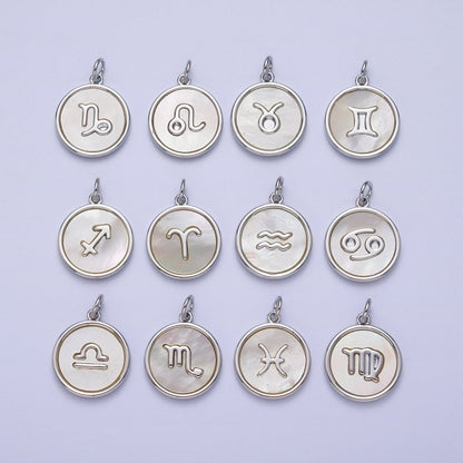 White Gold Filled Zodiac Signs Shell Pearl Round Coin Astrology Horoscope Silver Charm | A-A1731-A-A1736