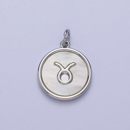 White Gold Filled Zodiac Signs Shell Pearl Round Coin Astrology Horoscope Silver Charm | A-A1731-A-A1736