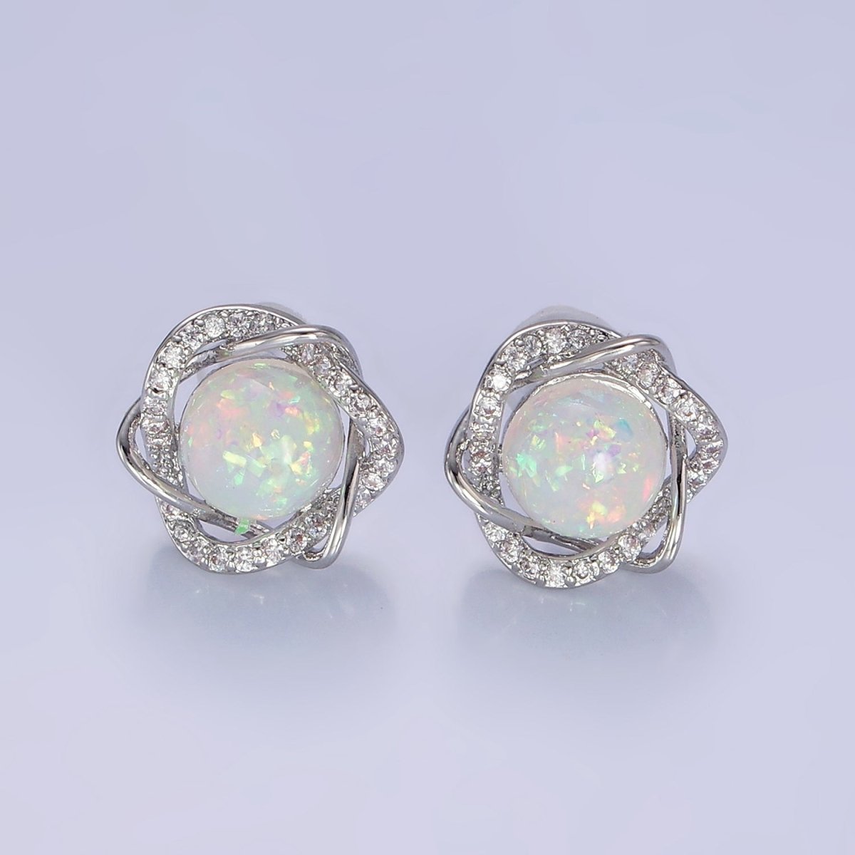 White Opal Curved Micro Paved Band Round Stud Earrings in Gold &amp; Silver | V518