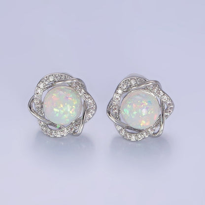 White Opal Curved Micro Paved Band Round Stud Earrings in Gold &amp; Silver | V518