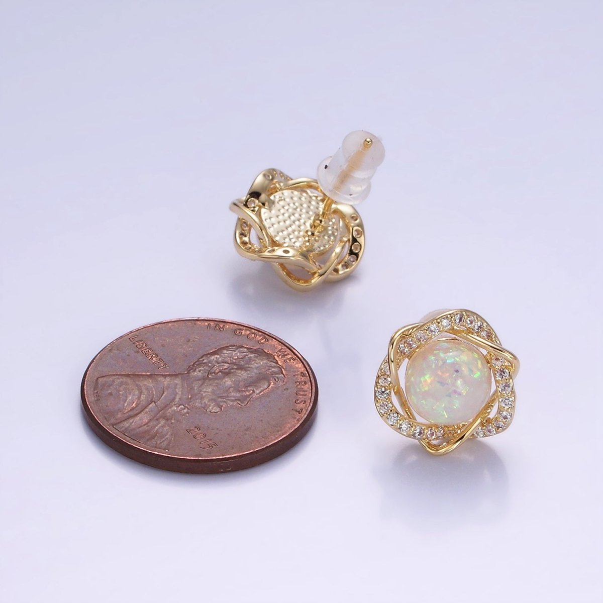 White Opal Curved Micro Paved Band Round Stud Earrings in Gold &amp; Silver | V518