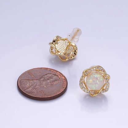 White Opal Curved Micro Paved Band Round Stud Earrings in Gold &amp; Silver | V518