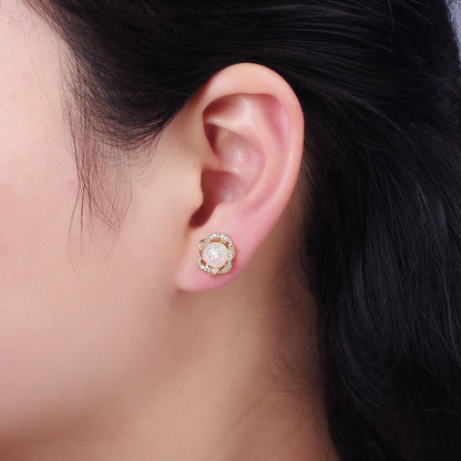 White Opal Curved Micro Paved Band Round Stud Earrings in Gold &amp; Silver | V518