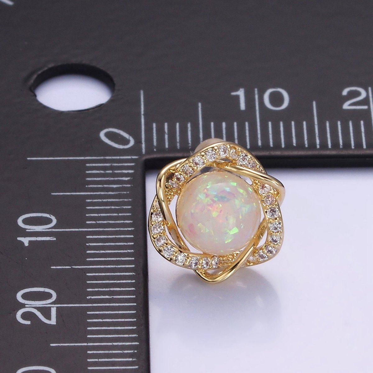 White Opal Curved Micro Paved Band Round Stud Earrings in Gold &amp; Silver | V518