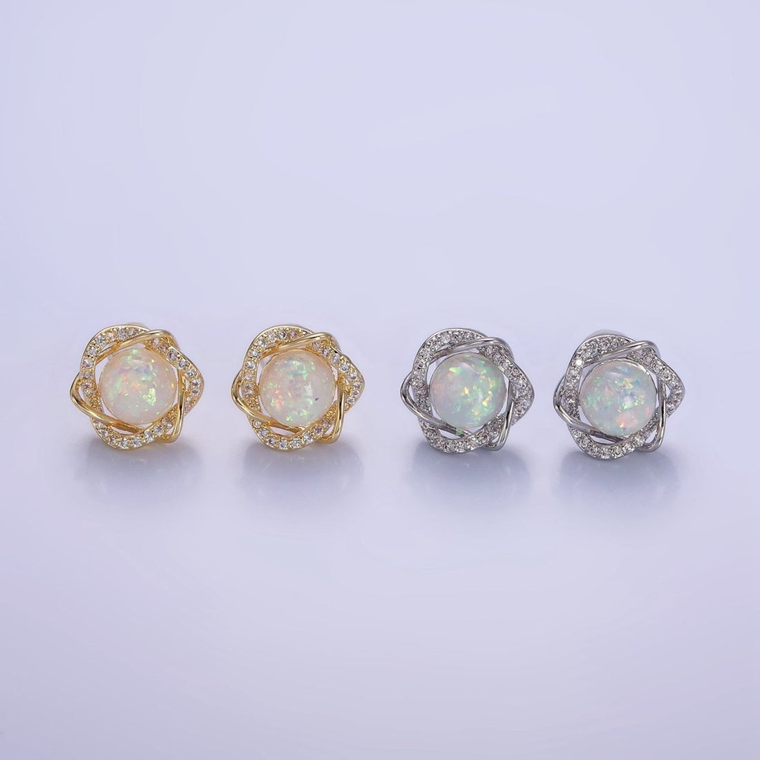 White Opal Curved Micro Paved Band Round Stud Earrings in Gold &amp; Silver | V518