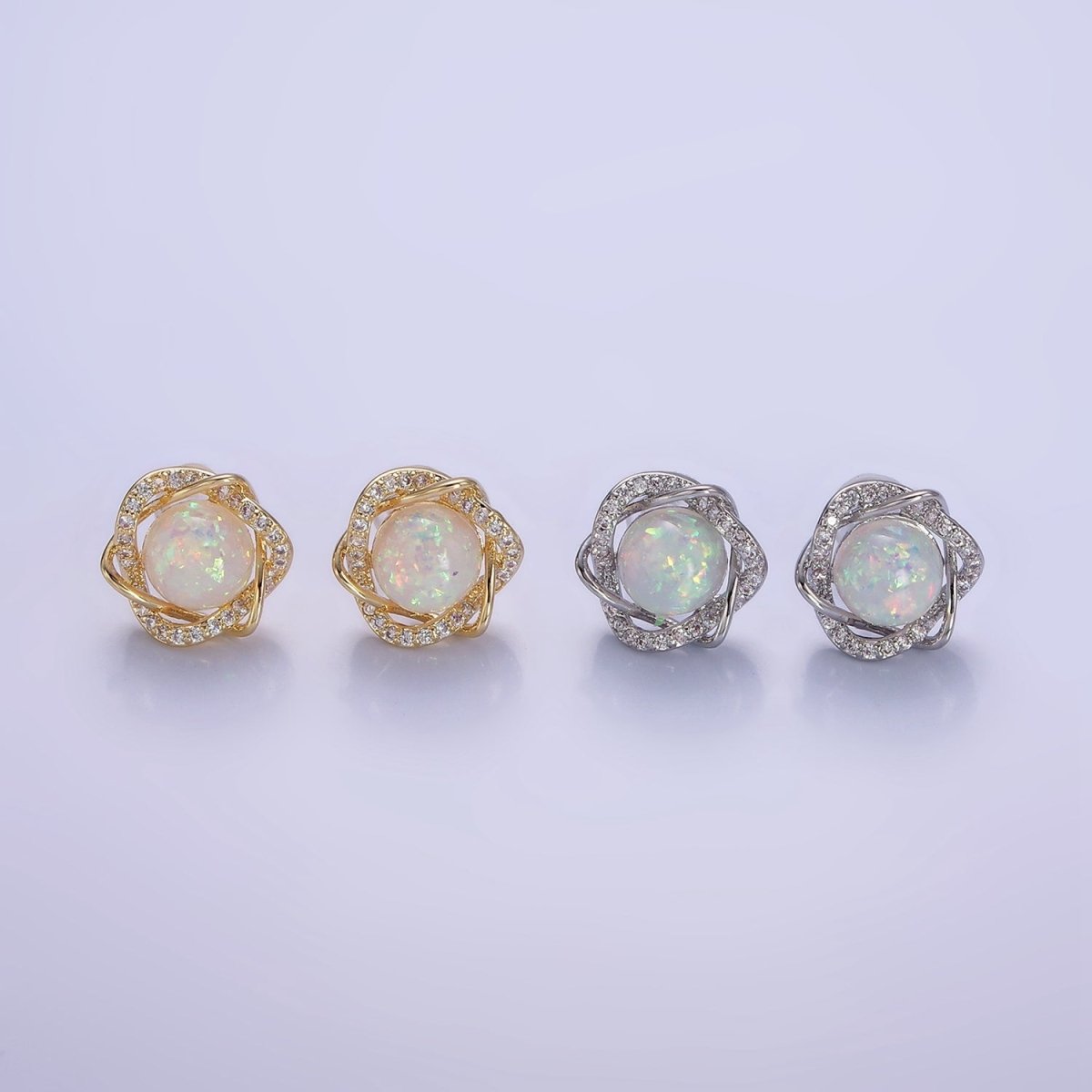 White Opal Curved Micro Paved Band Round Stud Earrings in Gold &amp; Silver | V518