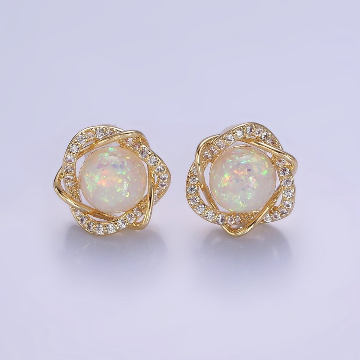 White Opal Curved Micro Paved Band Round Stud Earrings in Gold &amp; Silver | V518