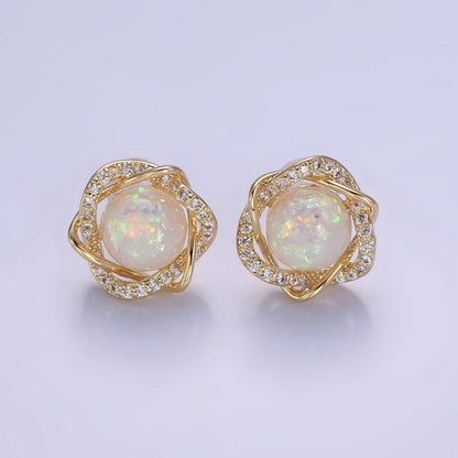 White Opal Curved Micro Paved Band Round Stud Earrings in Gold &amp; Silver | V518