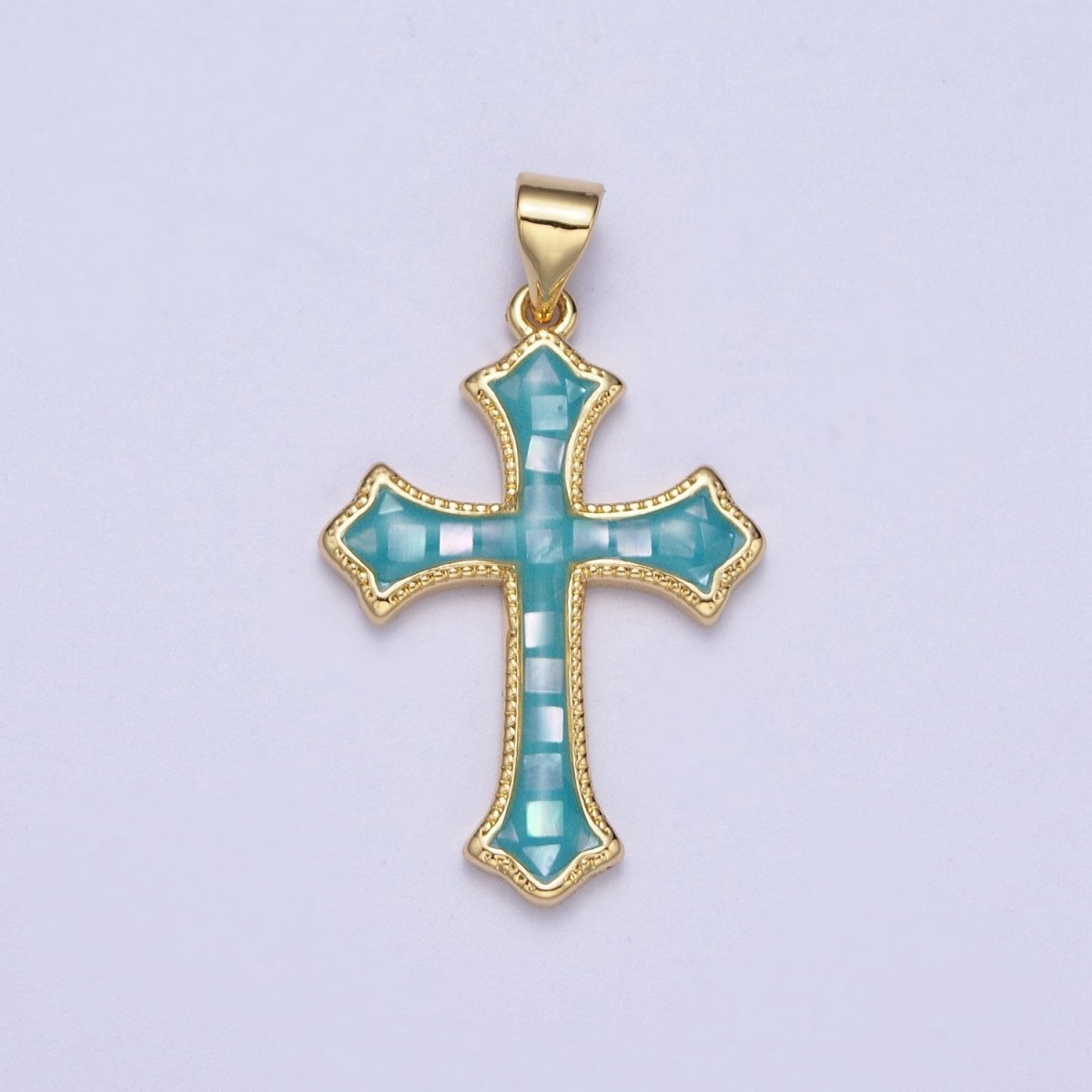 White, Pink, Blue Shell Opal Religious Passion Cross Gold Pendant H-395 H-416 H-433