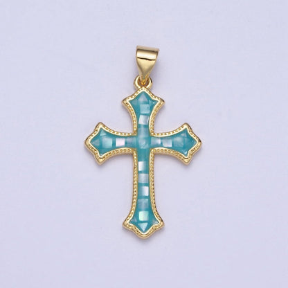 White, Pink, Blue Shell Opal Religious Passion Cross Gold Pendant H-395 H-416 H-433