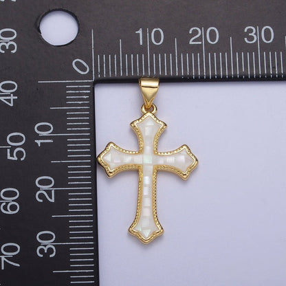 White, Pink, Blue Shell Opal Religious Passion Cross Gold Pendant H-395 H-416 H-433