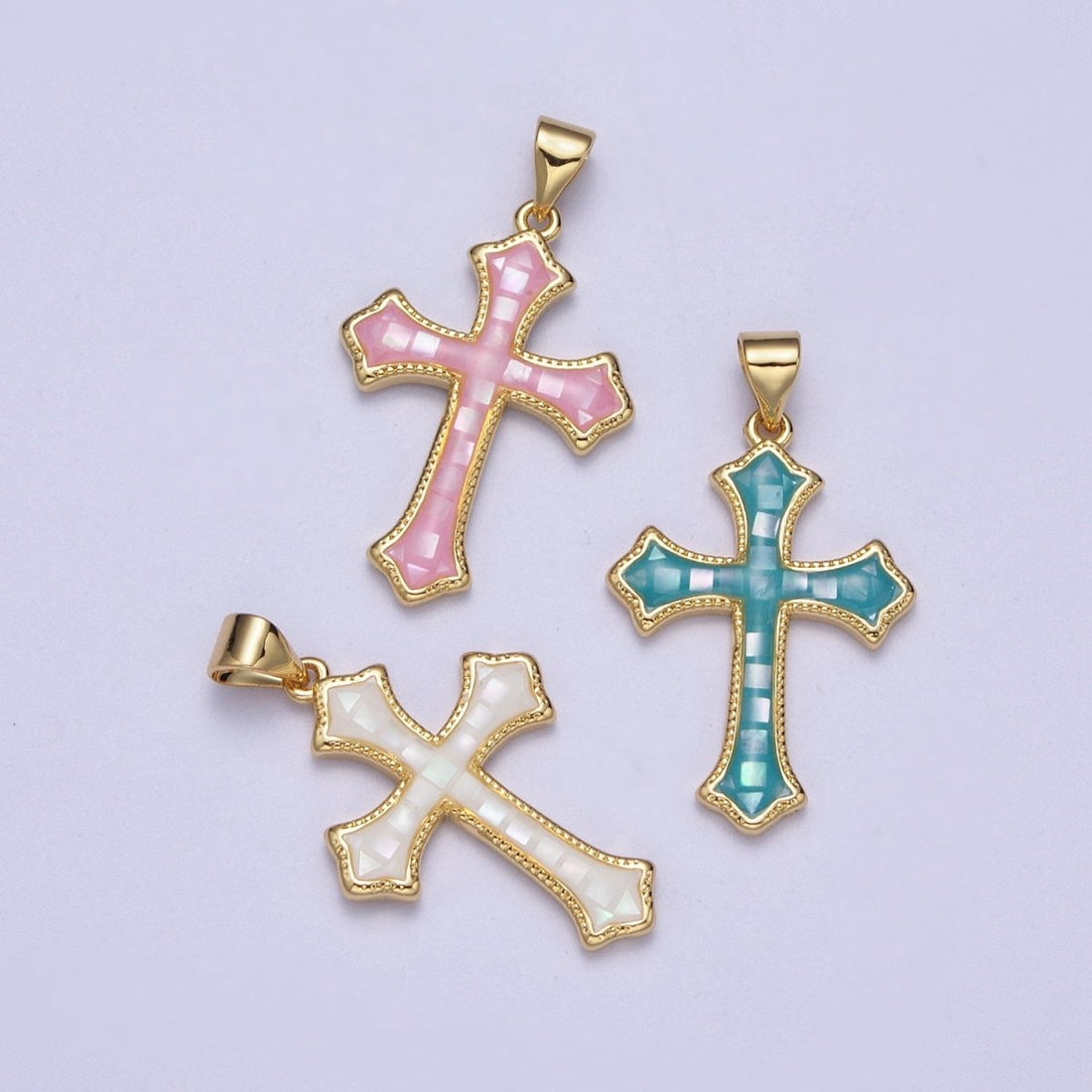 White, Pink, Blue Shell Opal Religious Passion Cross Gold Pendant H-395 H-416 H-433