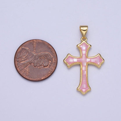 White, Pink, Blue Shell Opal Religious Passion Cross Gold Pendant H-395 H-416 H-433