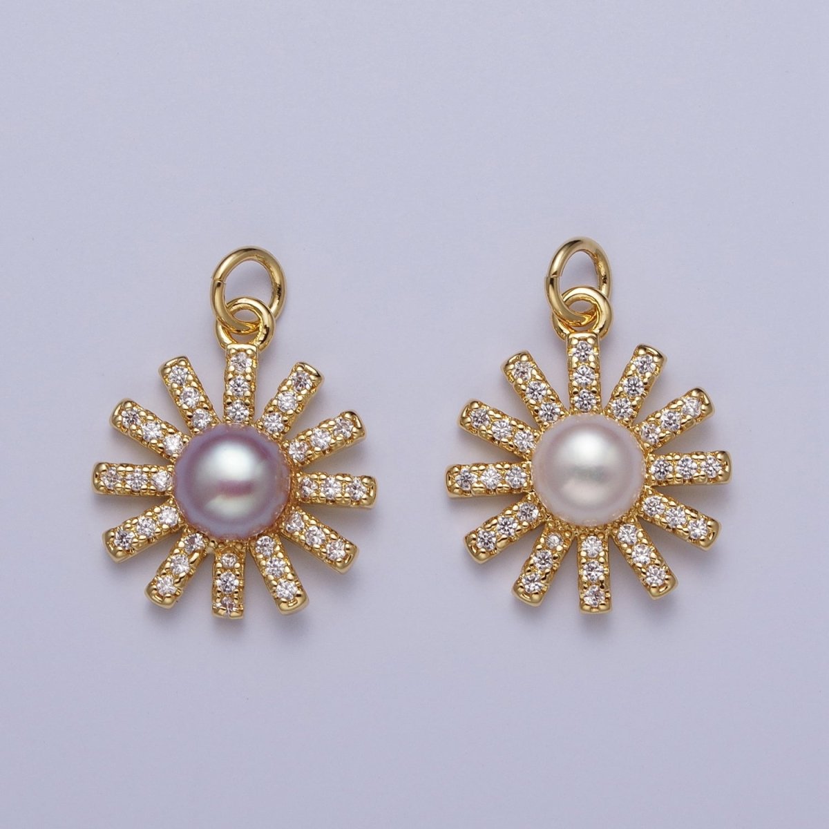 White / Purple Shell Pearl Celestial Micro Paved CZ Sun Flower Charm | N-645
