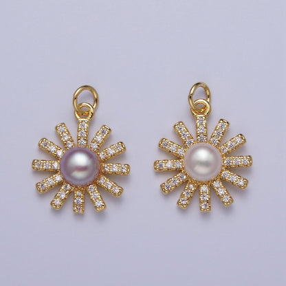 White / Purple Shell Pearl Celestial Micro Paved CZ Sun Flower Charm | N-645