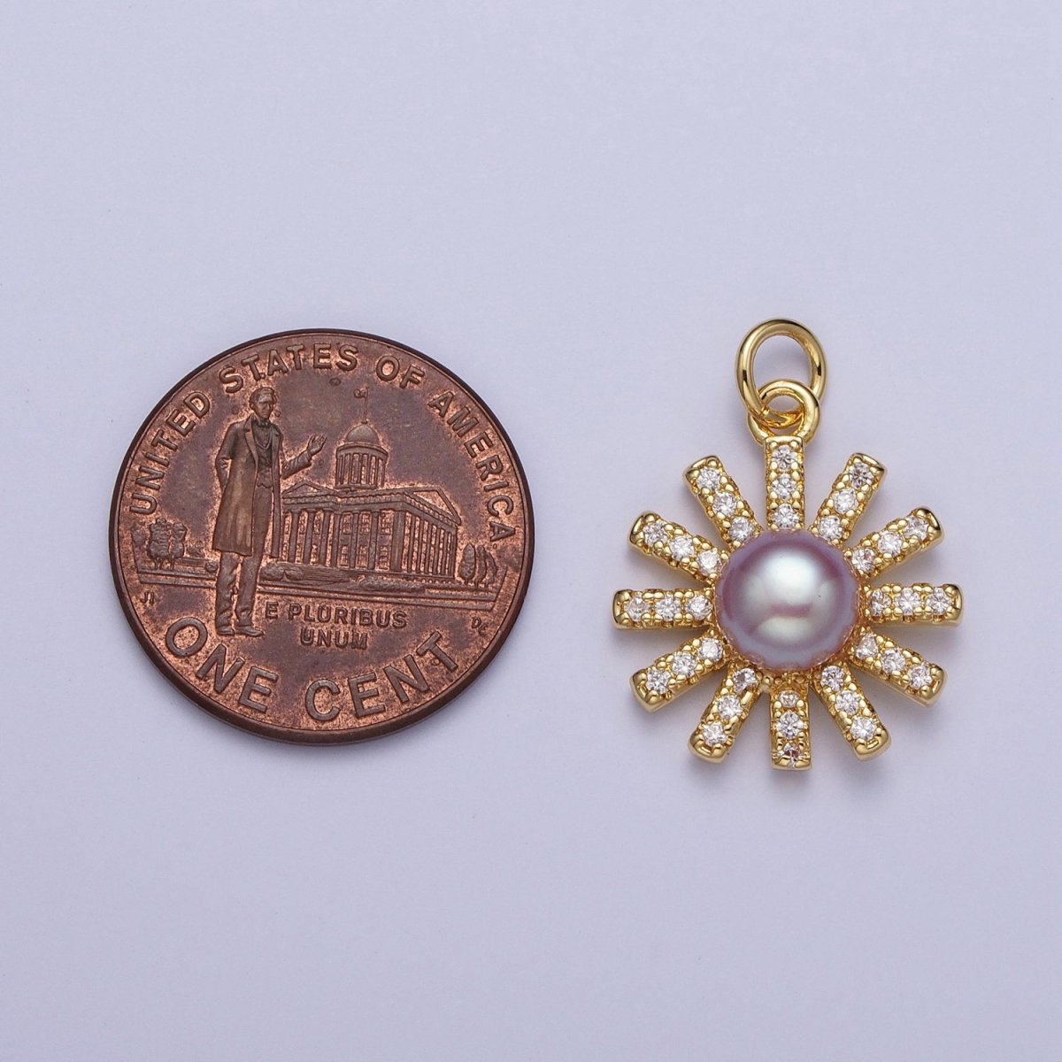 White / Purple Shell Pearl Celestial Micro Paved CZ Sun Flower Charm | N-645