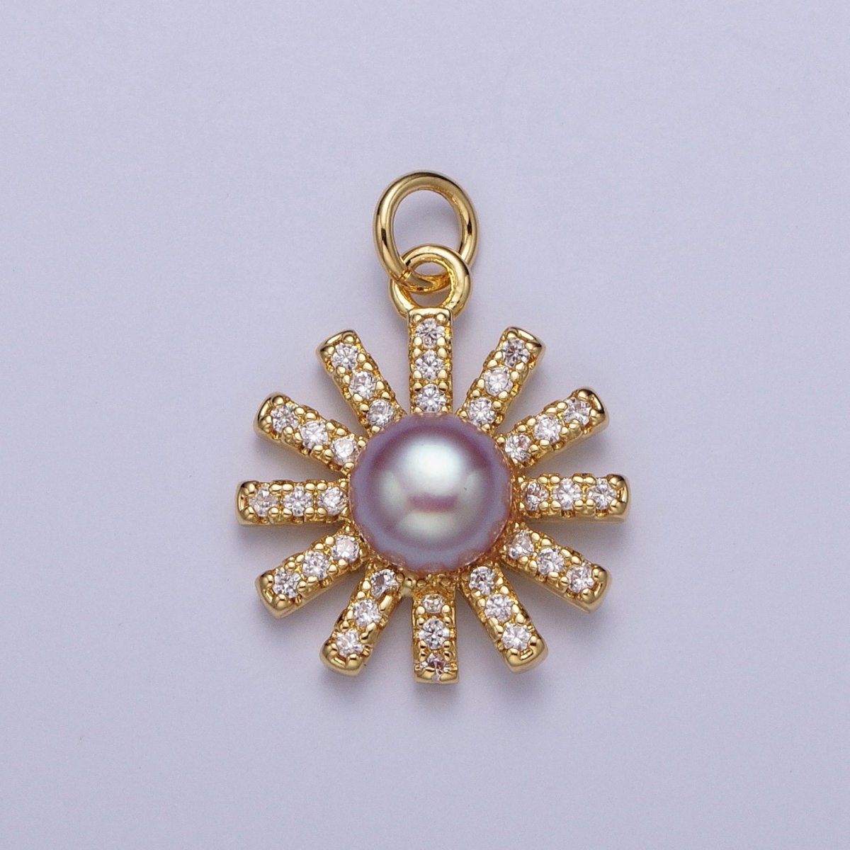 White / Purple Shell Pearl Celestial Micro Paved CZ Sun Flower Charm | N-645