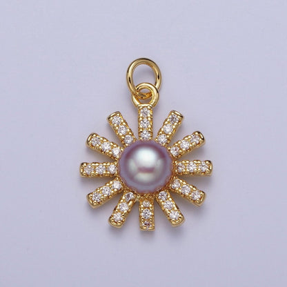 White / Purple Shell Pearl Celestial Micro Paved CZ Sun Flower Charm | N-645