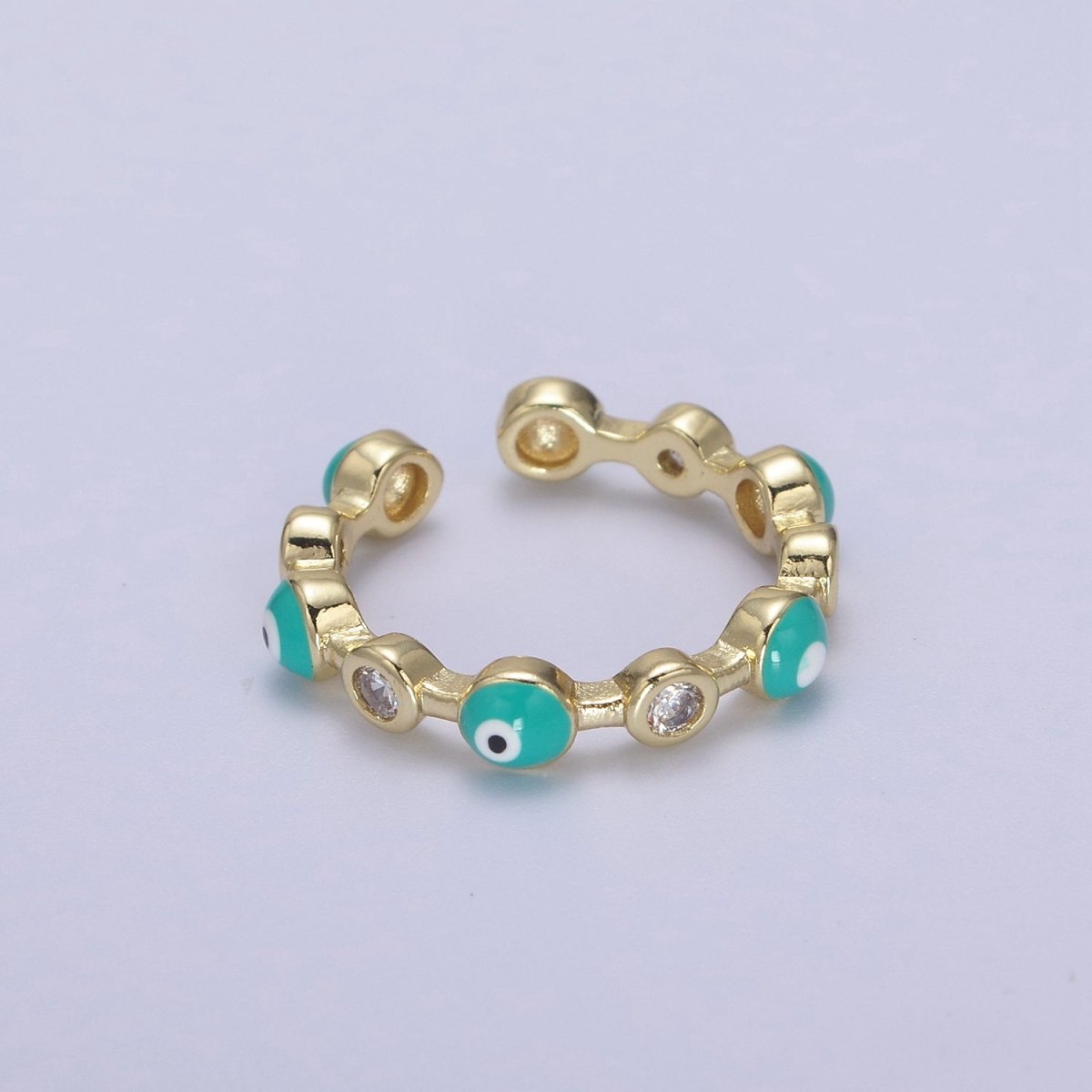 White, Teal, Blue, Black Round Evil Eye Enamel Clear CZ Stackable Ring U-073 - U-076