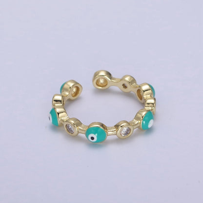 White, Teal, Blue, Black Round Evil Eye Enamel Clear CZ Stackable Ring U-073 - U-076
