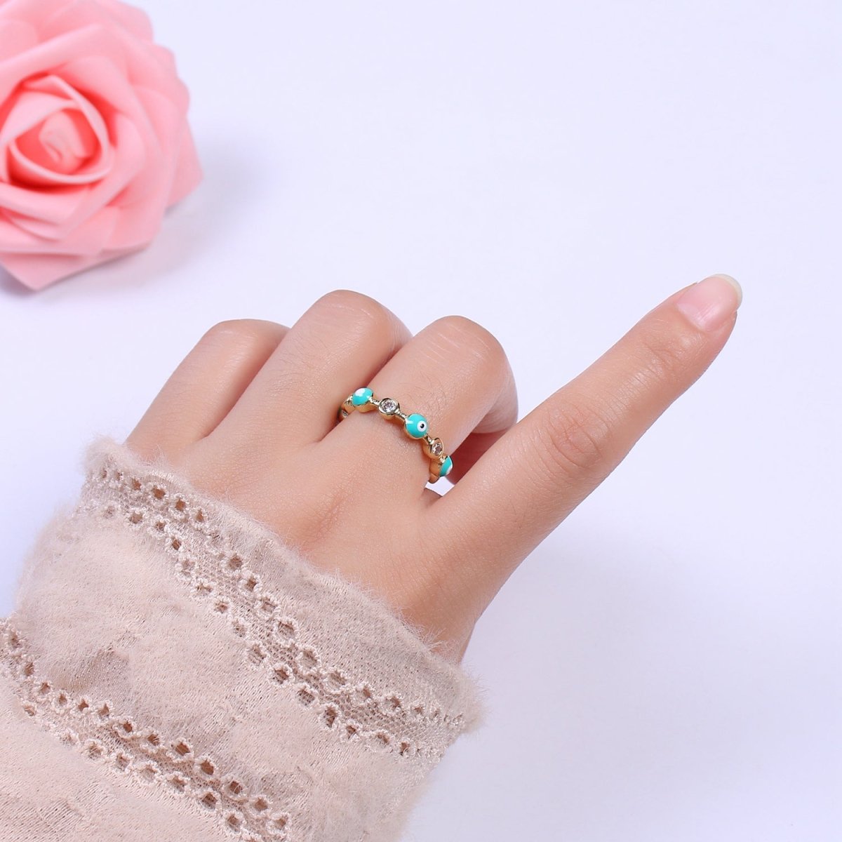 White, Teal, Blue, Black Round Evil Eye Enamel Clear CZ Stackable Ring U-073 - U-076