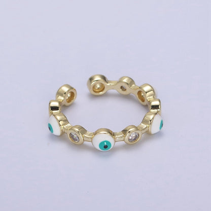 White, Teal, Blue, Black Round Evil Eye Enamel Clear CZ Stackable Ring U-073 - U-076