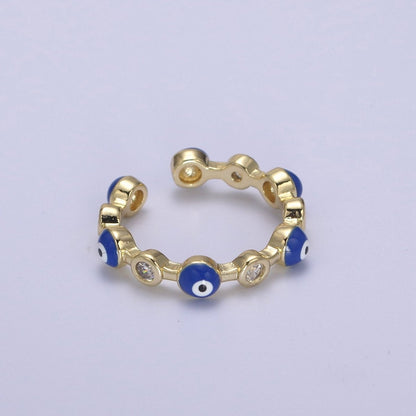White, Teal, Blue, Black Round Evil Eye Enamel Clear CZ Stackable Ring U-073 - U-076