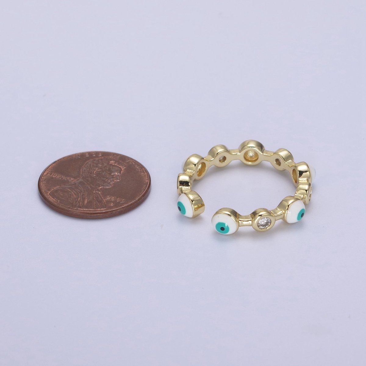White, Teal, Blue, Black Round Evil Eye Enamel Clear CZ Stackable Ring U-073 - U-076