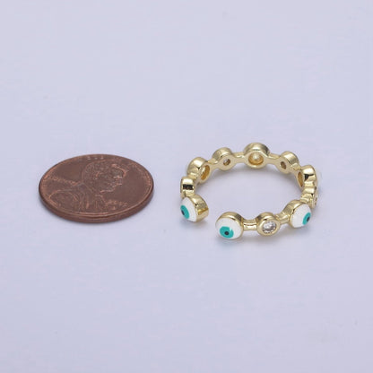 White, Teal, Blue, Black Round Evil Eye Enamel Clear CZ Stackable Ring U-073 - U-076