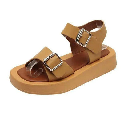White Womans Sandals Flat Round Sandals Elegant Modern Buckle Strap Comfort Design