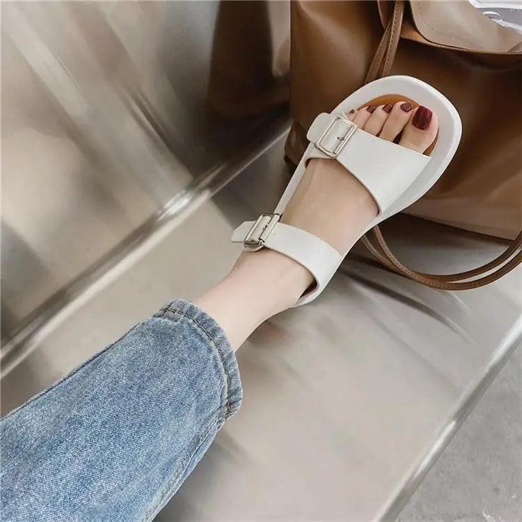 White Womans Sandals Flat Round Sandals Elegant Modern Buckle Strap Comfort Design