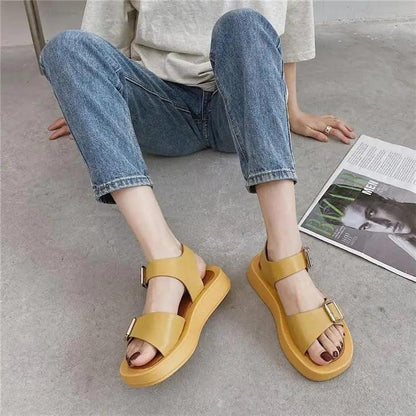 White Womans Sandals Flat Round Sandals Elegant Modern Buckle Strap Comfort Design