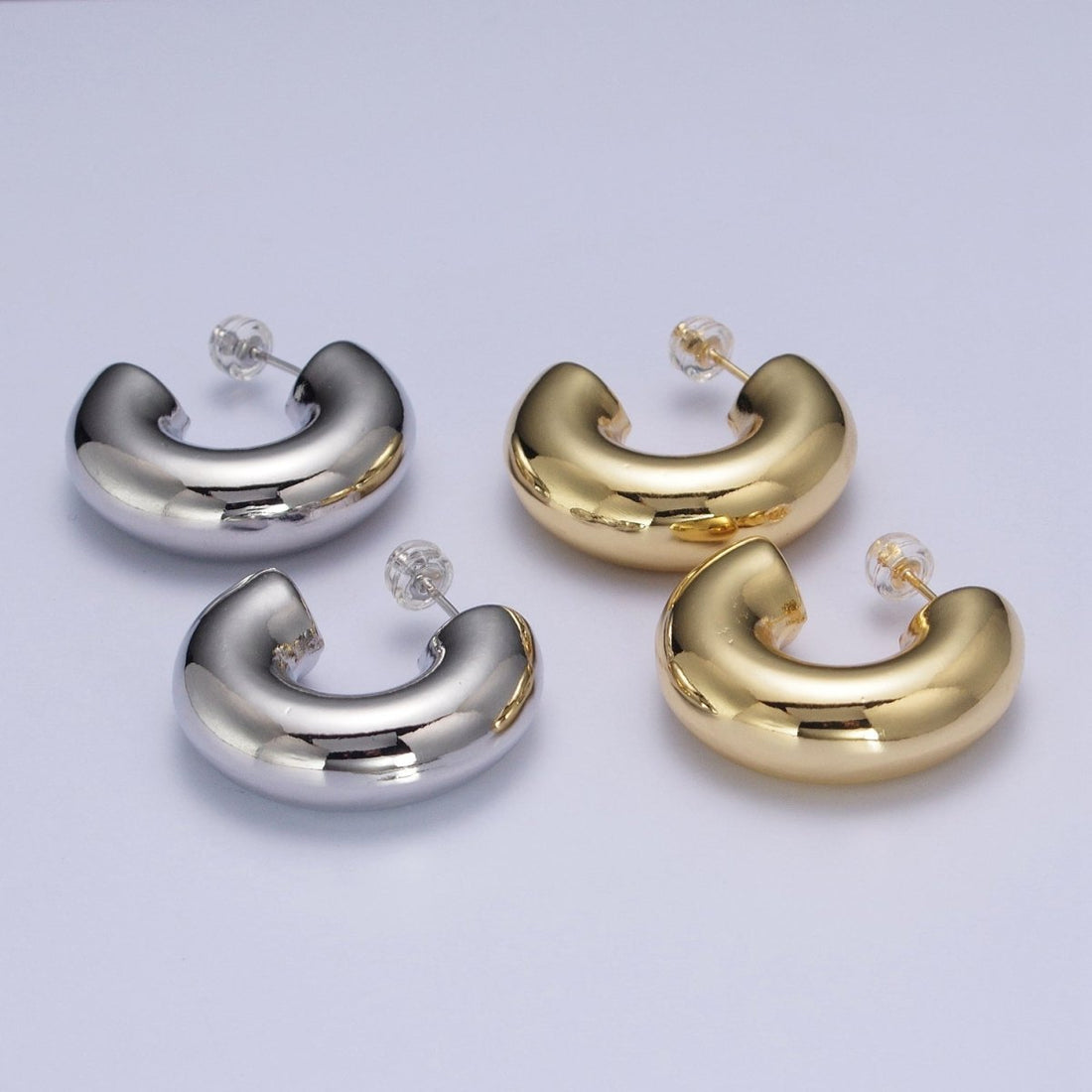 Wide Chubby C Shaped Hoop Stud Earrings in Gold &amp; Silver | AD-504 AD-505