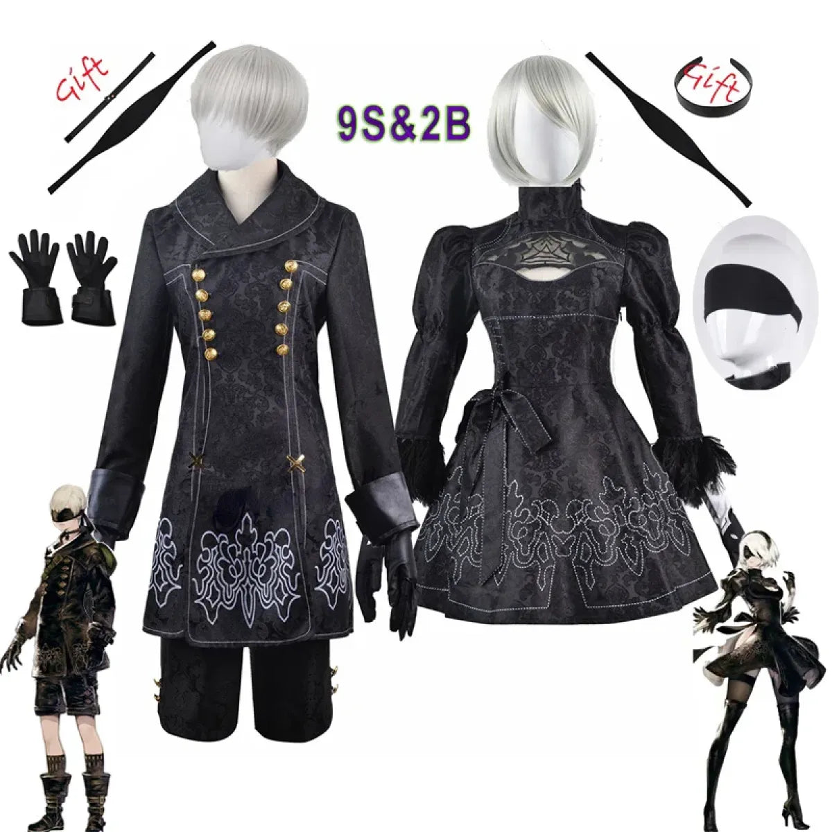 NieR: Automata 9S &amp; 2B Cosplay Costume with Wig and Accessories