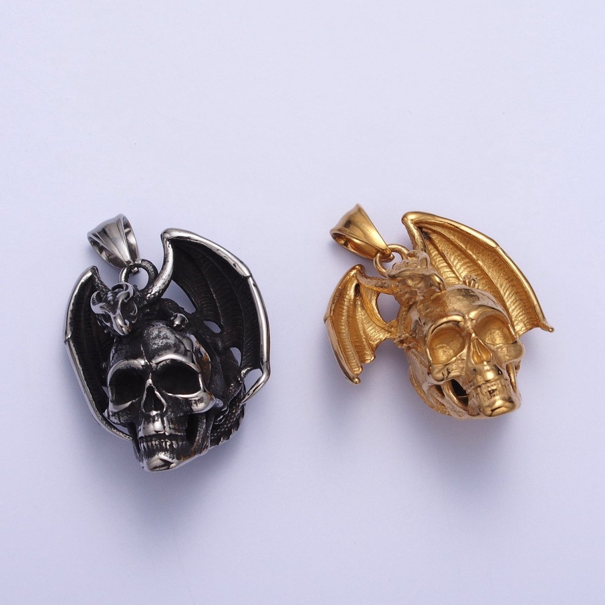 Winged Dragon on Skull Skeleton Stainless Steel Pendant in Gold &amp; Silver | X-667 X-668